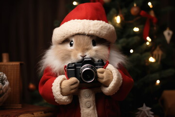 rabbit dressed in red closes with camera, new year concept