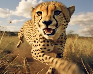 A cheetah running through a field of tall grass. Generative AI.
