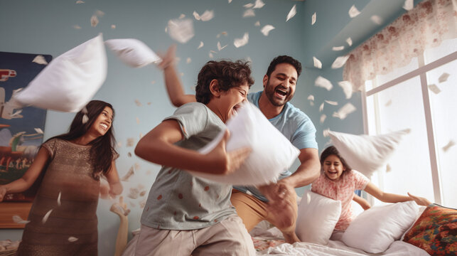 familly have a lot of fun wiht have a pillow fight  - Powered by Adobe