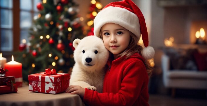 A young girl wearing a Christmas sweater and hat hugs a white polar bear. Christmas tree in the background. Digital painting illustration. Generative AI