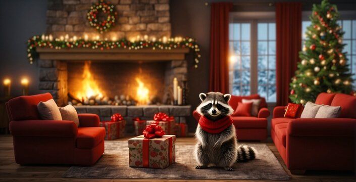 A surprised raccoon stands in a room in red sweater, living room decorated with Christmas decorations. Christmas background. Holiday Concept. Digital painting illustration. Generative AI