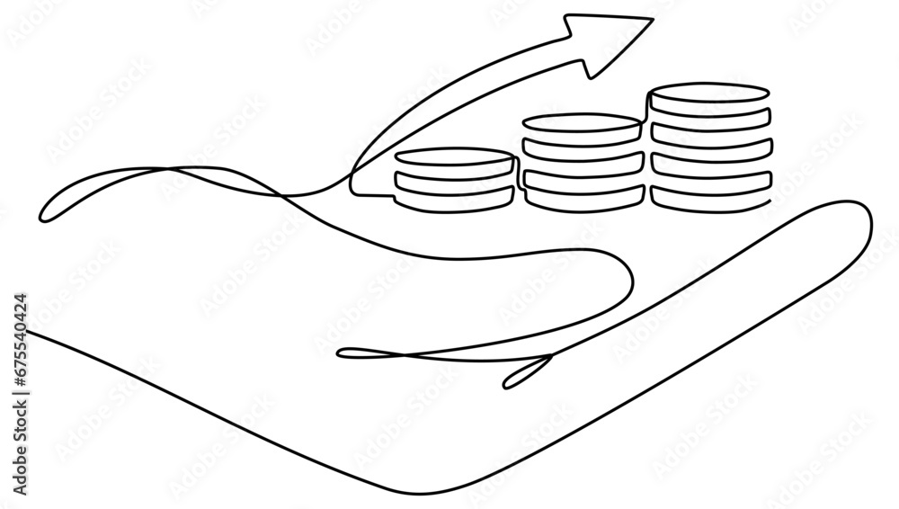 Poster hand holding growing coins stack with arrow continuous one line drawing. business concept. vector il