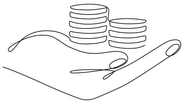 Hand holding coins stack continuous one line drawing. Business concept. Vector illustration isolated on white.