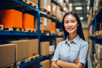 Asian female warehouse employee managing inventory hold of material stored in cardboard boxes
