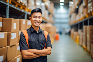 Asian male warehouse employee managing inventory hold of material stored in cardboard boxes
