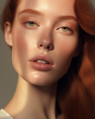 Fototapeta premium Close up portrait of an attractive young natural ginger woman with trendy natural makeup look. Lips and Eyebrows makeup. Cosmetics, skincare, beauty products concept