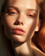 Close up portrait of an attractive young natural ginger woman with fresh natural makeup look. Focus on lips and eyebrows. Cosmetics, skincare, beauty products concept