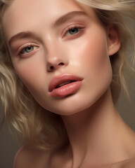 Close up portrait of an attractive young natural blond woman with natural makeup look. Focus on lips and eyebrows. Cosmetics, skincare, beauty products concept