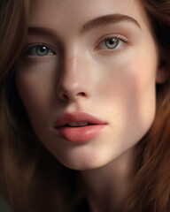 Fototapeta premium Close up portrait of an attractive young natural brown-haired woman with natural makeup look. Focus on lips and eyebrows. Cosmetics, skincare, beauty products concept