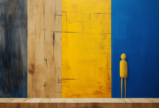 Yellow wooden figurine standing against a wall painted in blue and yellow