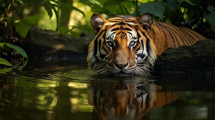 A Sumatran tiger's reflection mirrored in the crystal-clear waters of a jungle river. - obrazy, fototapety, plakaty