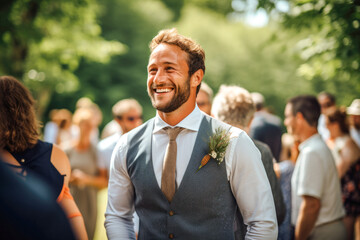 Joyful groom at an outdoor summer wedding feeling lucky to get married