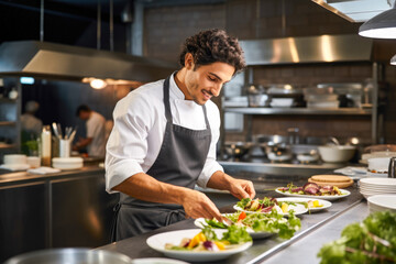 Young male chef preparing healthy food in a fine restaurant following his passion for creating new dishes
