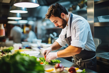 Young male chef preparing healthy food in a fine restaurant following his passion for creating new...