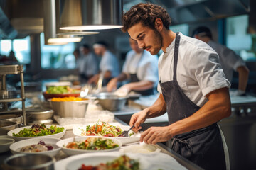 Young male chef preparing healthy food in a fine restaurant following his passion for creating new dishes