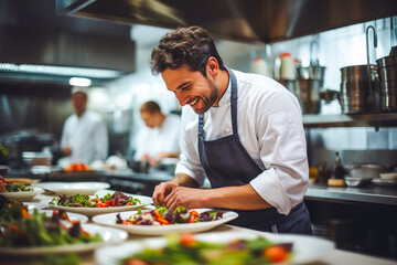 Fototapeta premium Young male chef preparing healthy food in a fine restaurant following his passion for creating new dishes