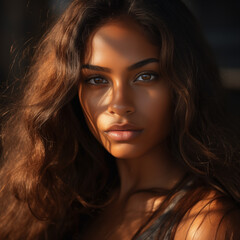 Portrait of a beautiful suntanned woman with,  suntanned complexion, chocolate eyes, long wavy hair, full lips - obrazy, fototapety, plakaty