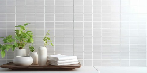 Fototapeta na wymiar White Tile Wall Chequered Background Bathroom Texture Background