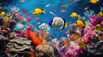  a large group of colorful fish swimming over a coral reef in a large blue ocean with corals and sponges.  generative ai