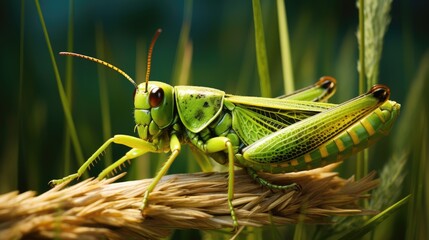  a close up of a grasshopper on top of a stalk of grass with grass in the foreground and green grass in the background.  generative ai