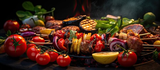 The chef s skilled hand effortlessly cooked a variety of meats and vegetables on the smoky BBQ filling the air with the enticing aroma of sizzling food at the summer party while the vibrant