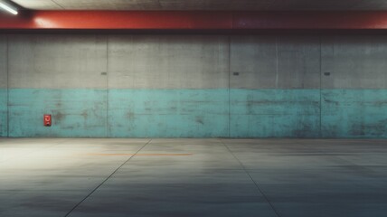 empty parking garage background with dappled light streaking across the floor and walls, muted cyan and red tones, cyc, empty, fog, smoke, abstract