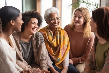 A group of women of different ages sharing stories and experiences, signifying intergenerational connections, creativity with copy space