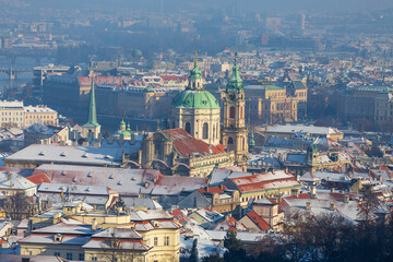 Snowy Prague City from Hill Petrin, Czech republic