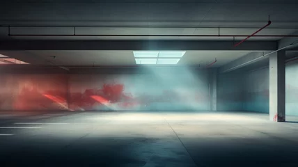 Deurstickers empty parking garage background with dappled light streaking across the floor and walls, muted cyan and red tones, cyc, empty, fog, smoke, abstract © Bird Visual