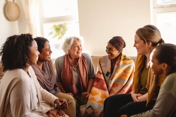 A group of women of different ages sharing stories and experiences, signifying intergenerational connections, creativity with copy space