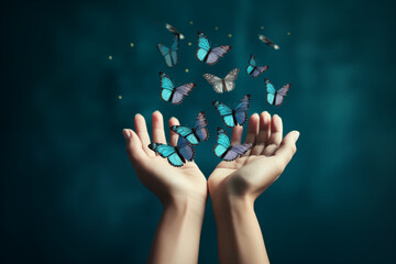 A creative display of women's hands releasing butterflies, representing freedom and transformation, creativity with copy space - obrazy, fototapety, plakaty
