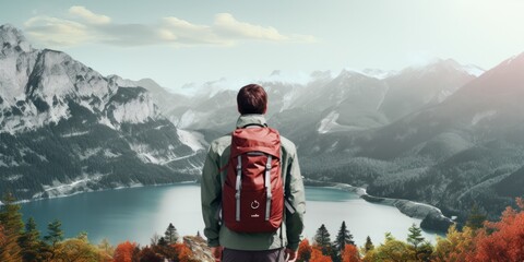 a man is carrying a backpack in a mountain area, generative AI