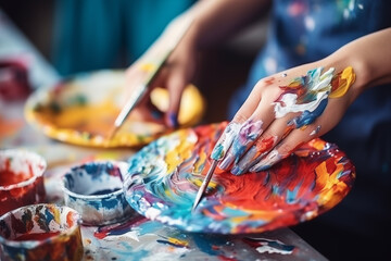 A close-up of women's hands creating art together, illustrating the beauty of collaborative creativity, creativity with copy space