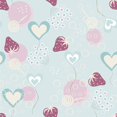 Stylish floral seamless pattern with Strawberry, cute daisies, hearts, circles and lollipops on a light blue background. Vector abstract design for paper, cover, fabric, interior decor 