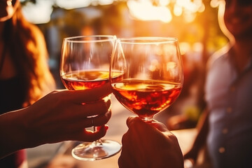 Obraz premium A close-up of friends clinking glasses in a toast, celebrating moments of joy, creativity with copy space