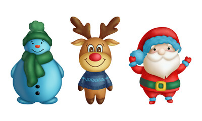 Set christmas elements. Deer, Santa, snowman on a white background.