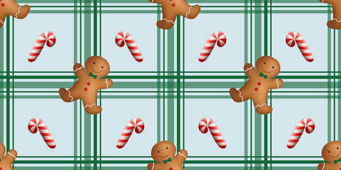 Seamless pattern. Gingerbread, candy on a blue background with green lines.