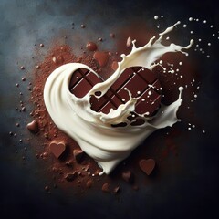 A chocolate heart wrapped in milk splashes against a background of dry cocoa. Valentine's Day card