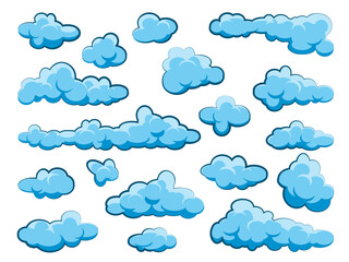Painted cartoon clouds on blue background. Simple hand drawn round cloud, summer sky panorama, cloudscape. Flat design. Vector illustration