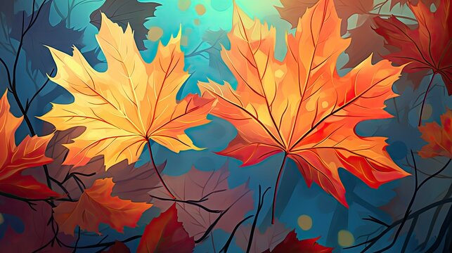  a painting of a bunch of leaves on a blue and green background with a red and yellow leaf on the left side of the picture.  generative ai
