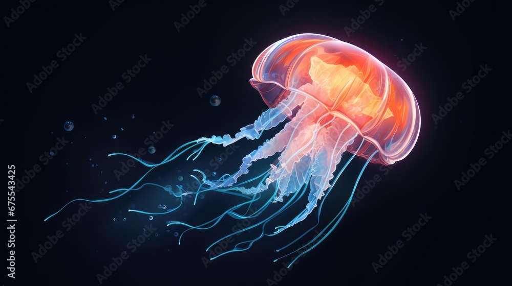 Poster a close up of a jellyfish on a black background with a blue and red light in the middle of it's body