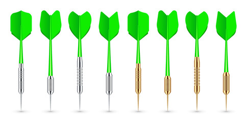Green dart arrows with metal tip and shadow. Dart throwing sport game, dartboard equipment. Vector illustration
