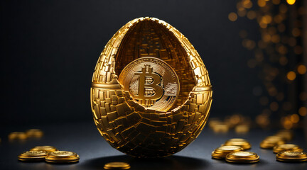 A Bitcoin in a gold egg.
