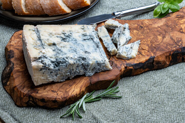 Cheese collection, piece of italian blue cheese gorgonzola picante with blue mold from north of...