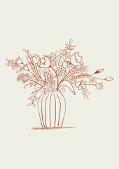 Pencil style illustration of flowers in a vase in red. Minimalist sketch to decorate. sketch art
