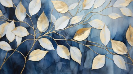  a painting of a tree branch with gold leaves on a blue background with white and gold leaves on the branches.  generative ai