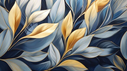  a painting of blue and yellow leaves on a black background with white and yellow leaves on the left side of the painting.  generative ai - obrazy, fototapety, plakaty