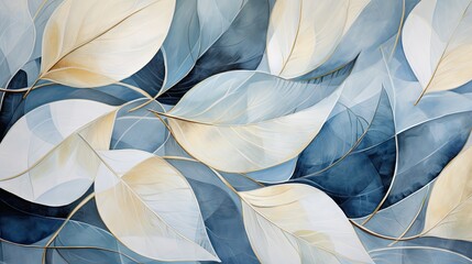  a painting of white and blue leaves on a blue background with a gold line in the middle of the painting.  generative ai