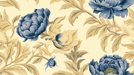  a blue and yellow floral wallpaper with leaves and flowers on a light yellow background with blue flowers and leaves on a light yellow background.  generative ai