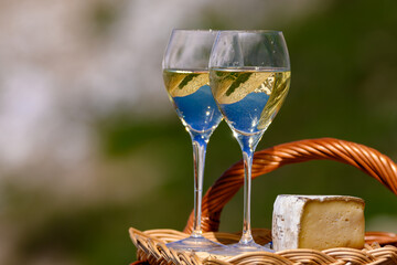 Cheese and wine, dry white Roussette de Savoie or Vin de Savoie wine from Savoy region with tomme cheese served on Col du Galibier border Savoy region, France, view on Alpes mountains - obrazy, fototapety, plakaty